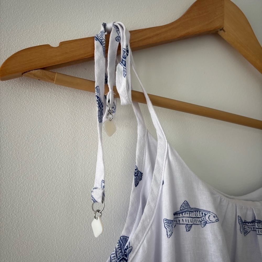 NWOT Cynthia Rowley Linen Blend Tie Strap Blue Fish  Print Flounce Dress XS - Picture 5 of 9